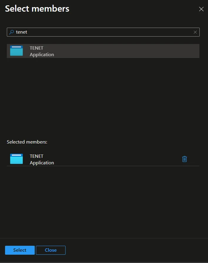 Search for app registration in Select Members panel